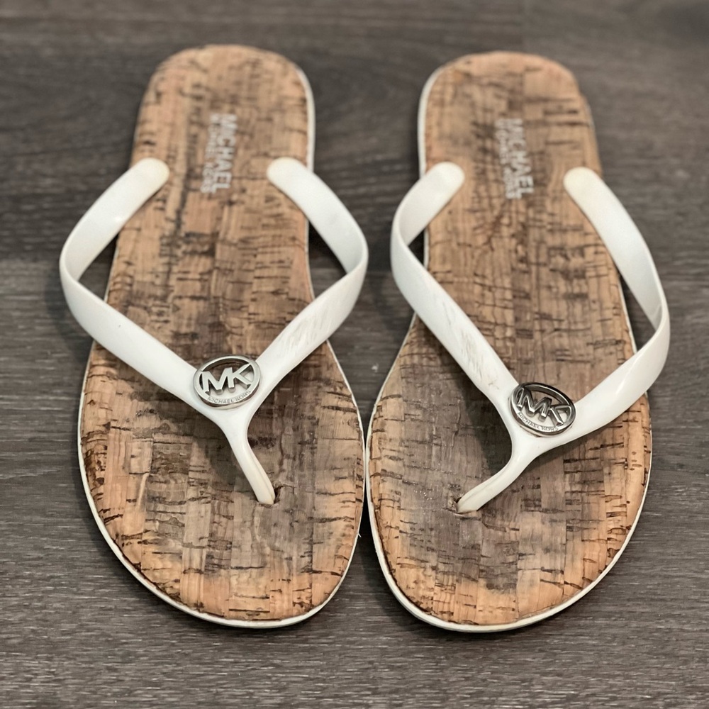 Michael Kors White and Brown Sandals with Cork Footbed